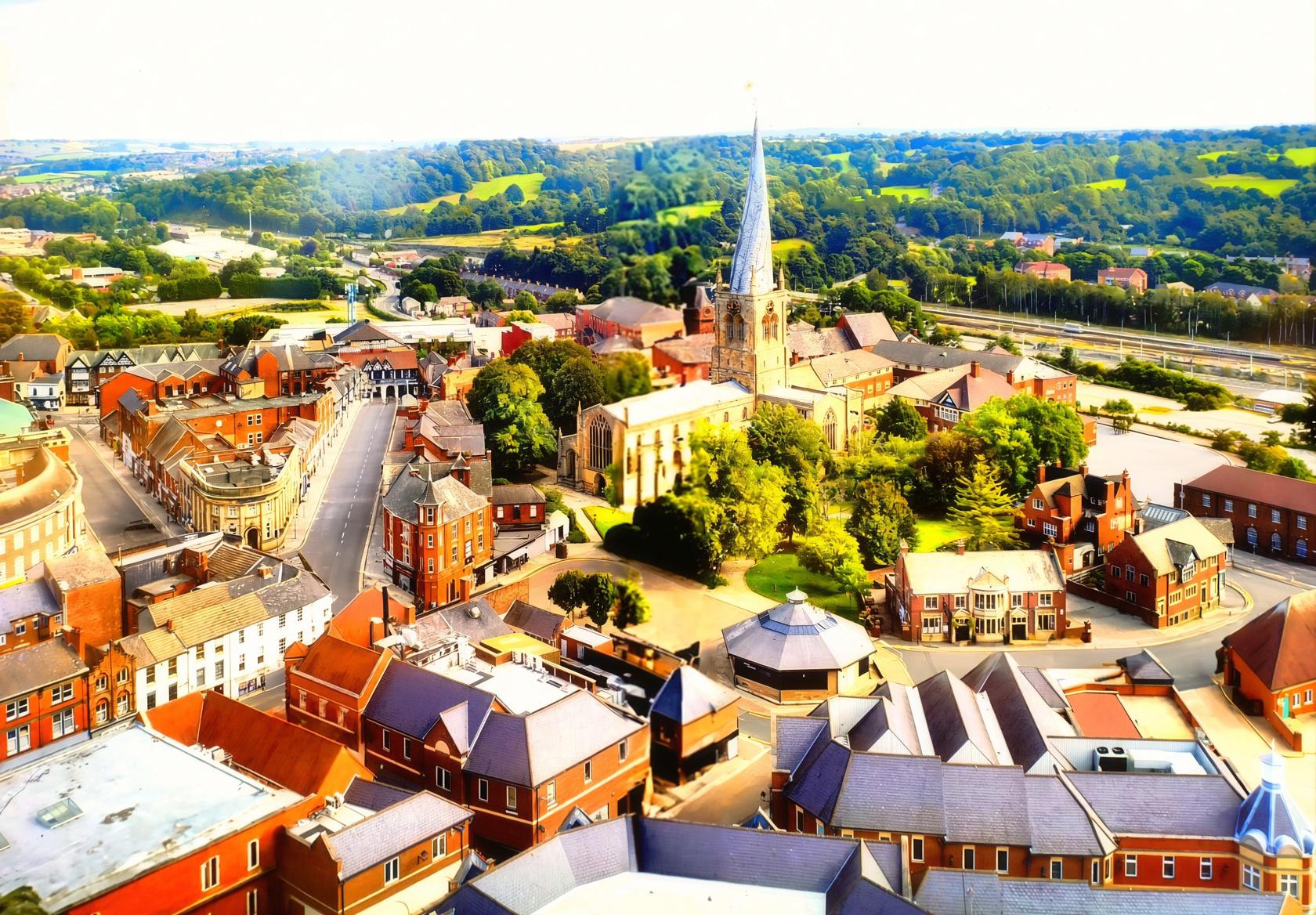Chesterfield from above, the Crooked Spire at the centre