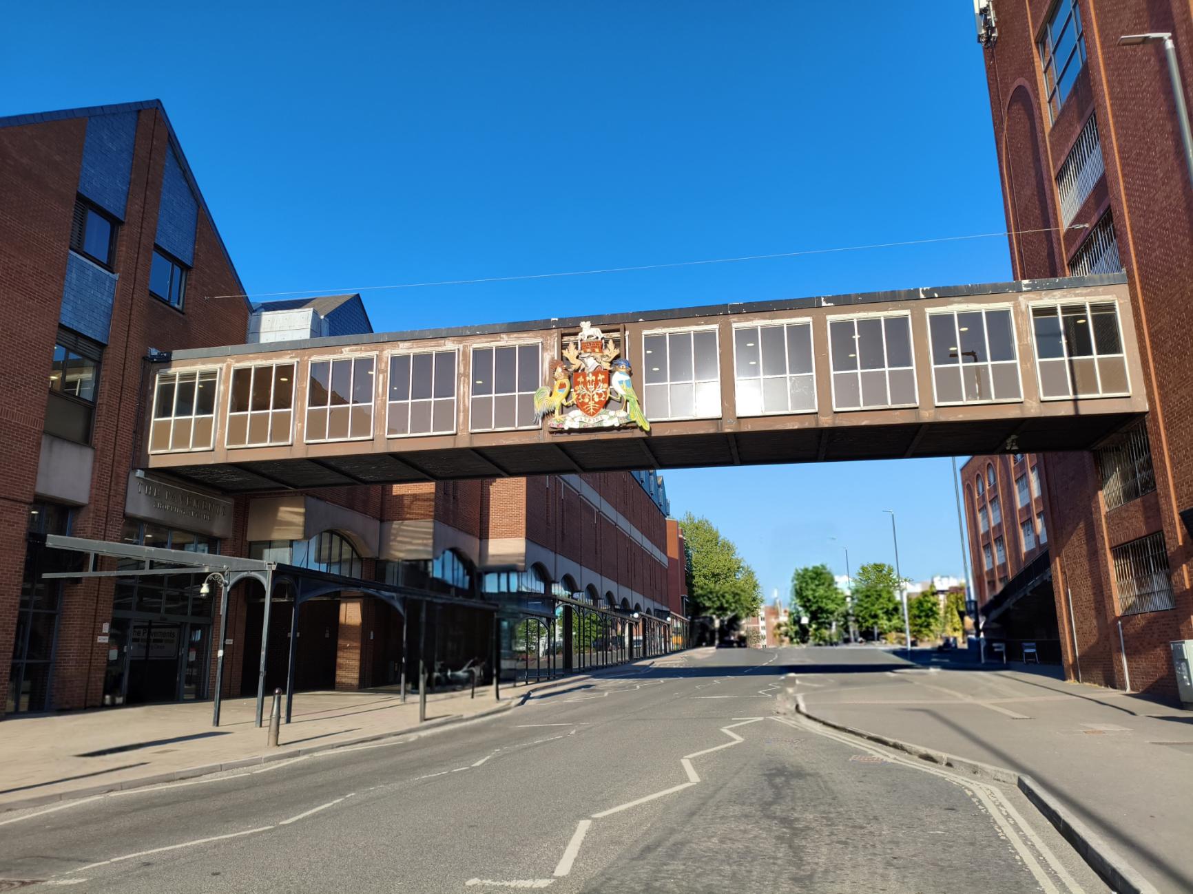 A bridge in Chesterfield, with the town's coat of arms