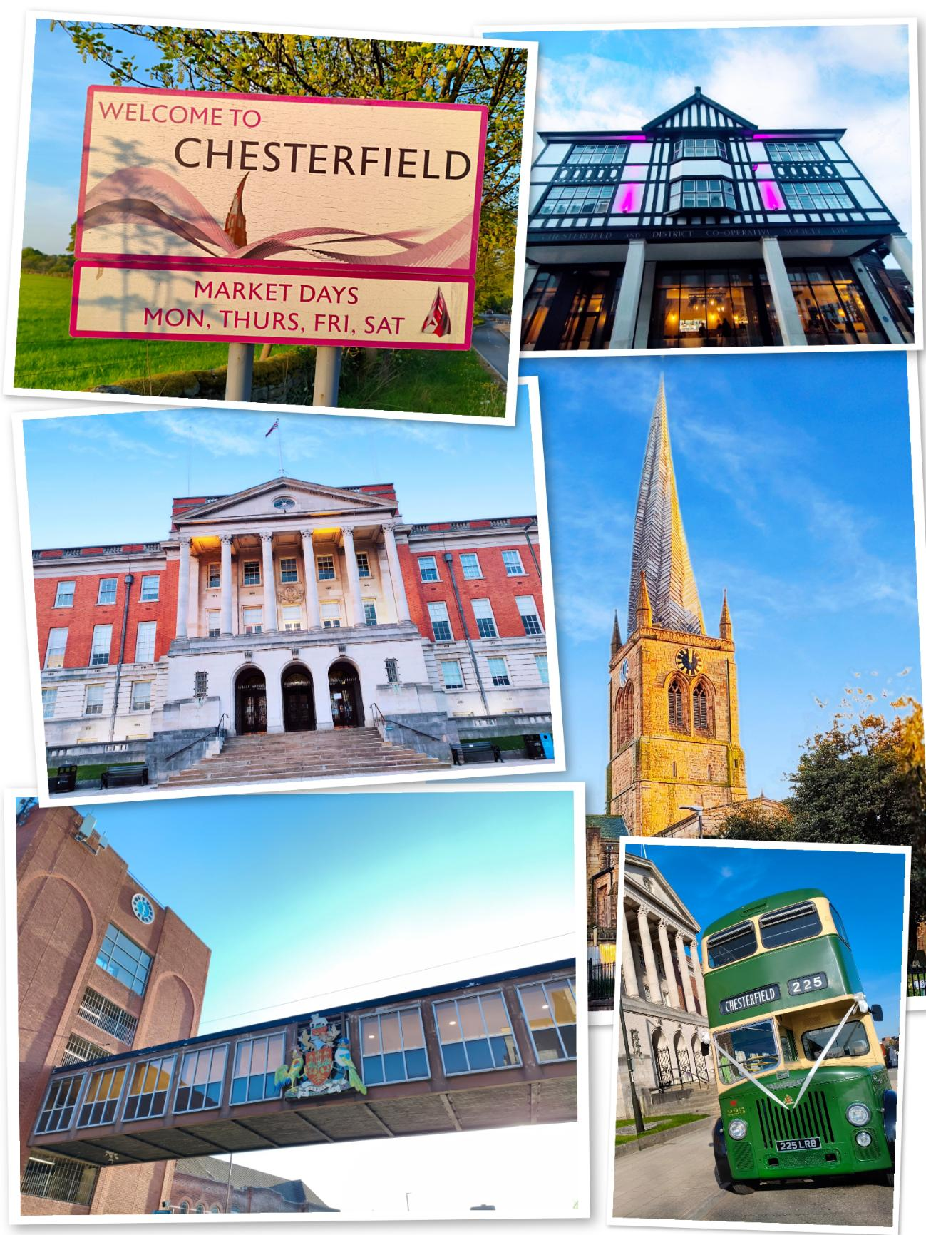 Chesterfield: the welcome sign, the Market Hall, the Town Hall, the Crooked Spire, and a town bus