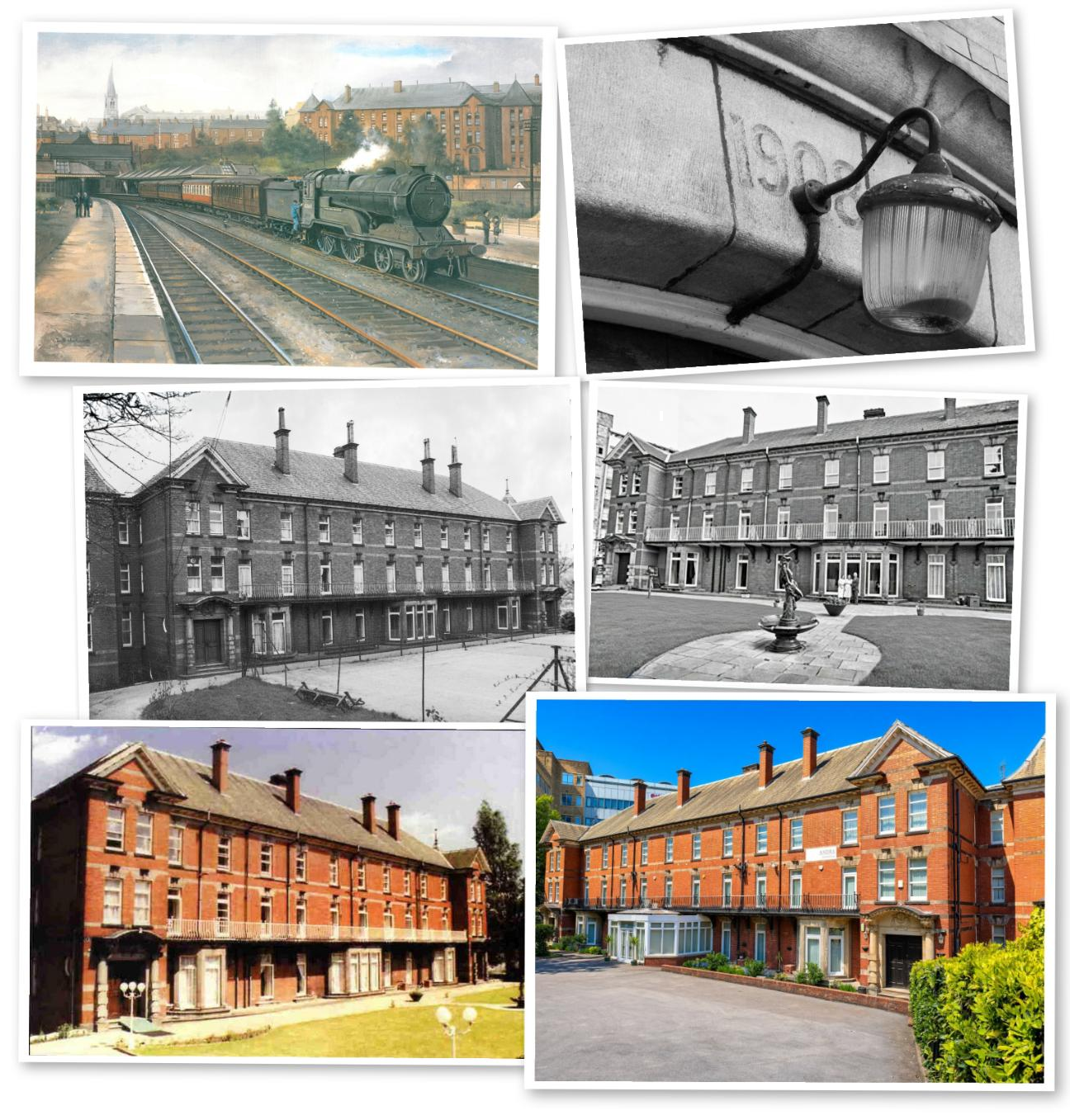 Six photographs of the building, from the railway in the early 1950s to the Alexandra today